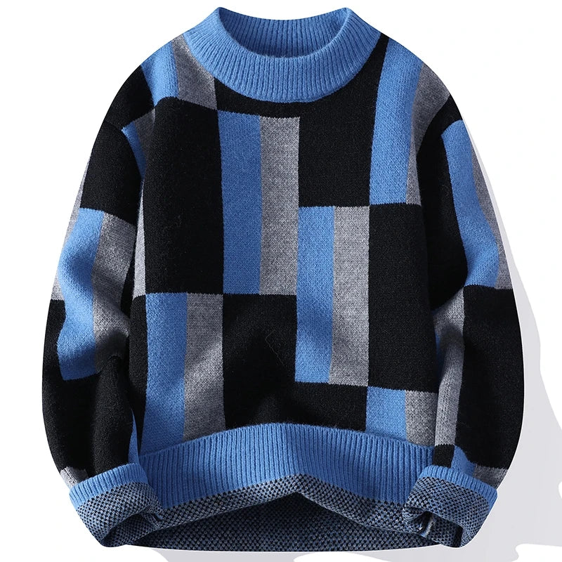 Women's colorblock geometric knit sweater with bold rectangular panel design in contrasting tones