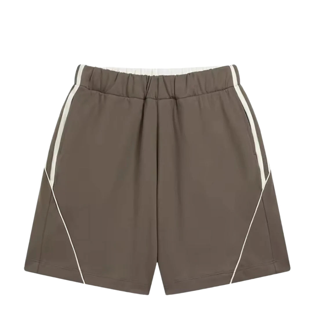 Relaxed fit active shorts with contrast panels, elastic drawstring waist, polyester-cotton blend