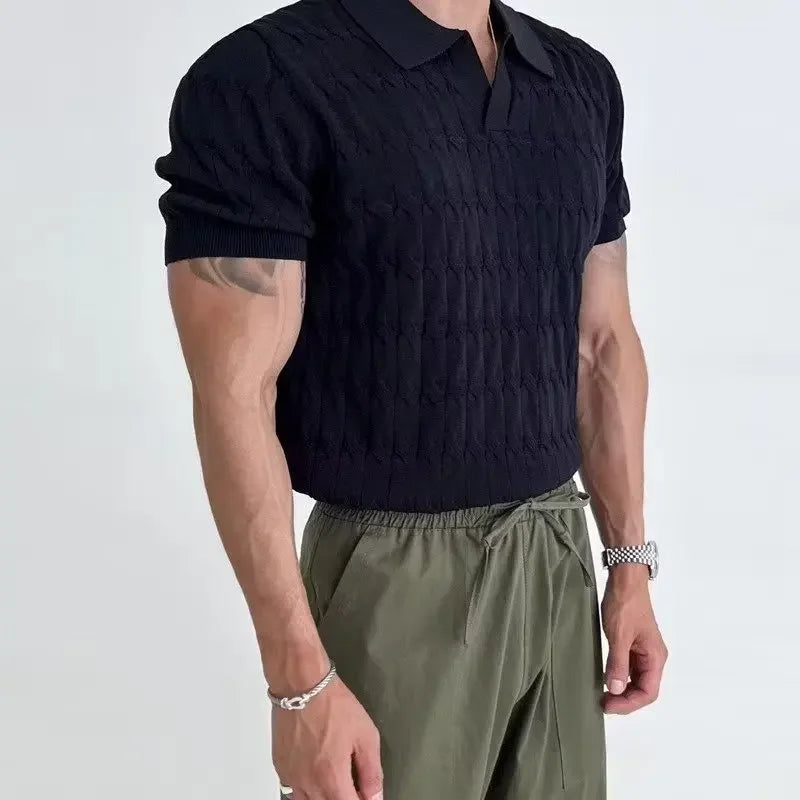 Men's slim fit polo shirt in breathable stretch knit with V-neck collar for all-day comfort