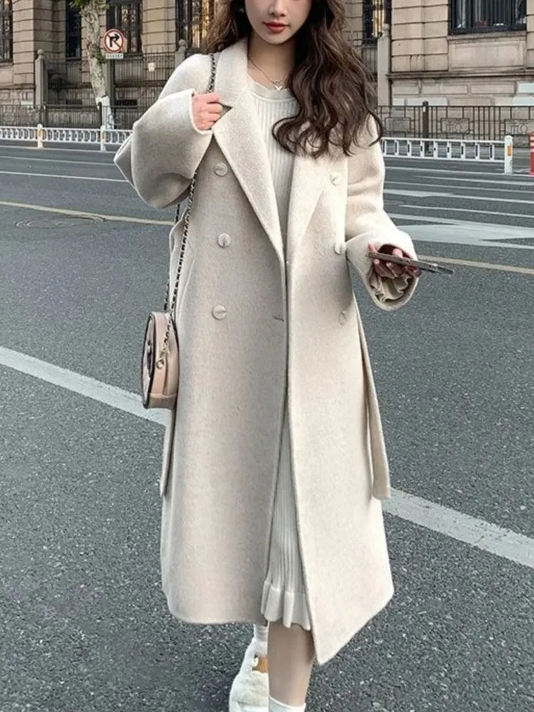 Women's oversized double-breasted belted long wool-look coat timeless warm autumn winter style