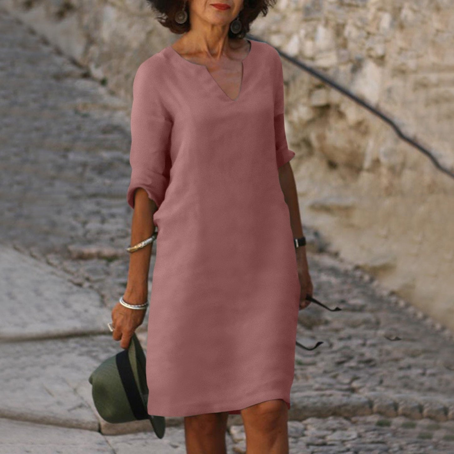 Women casual loose fit midi dress V-neckline straight silhouette effortless everyday chic comfort