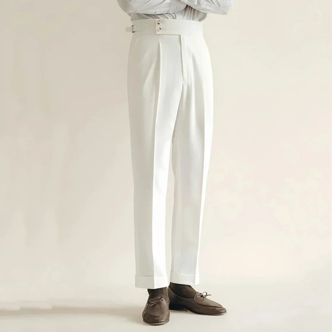 Men's high waist tailored trousers with front pleats, Nordic-inspired straight silhouette for professionals