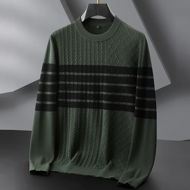 Men's dark split-cable knit sweater with diamond texture and bold horizontal contrast lines