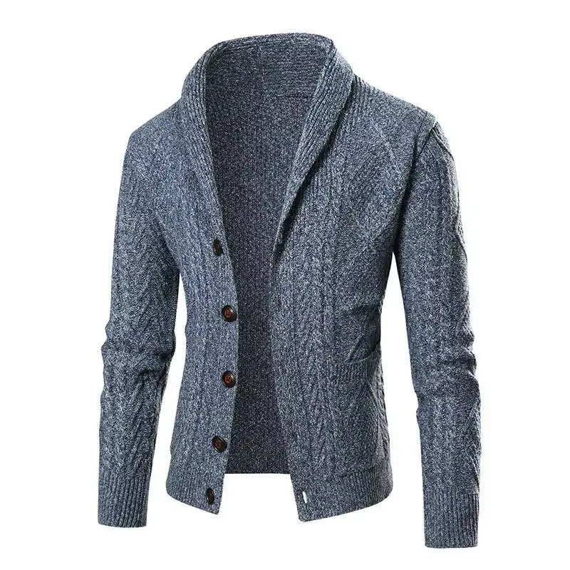 Men's slim fit dark knit cardigan coat with shawl collar and button front closure