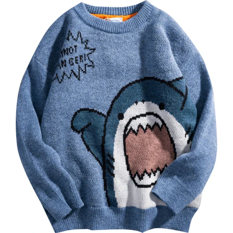 Oversized gray shark knit jumper with bold Harajuku motif, relaxed streetwear silhouette