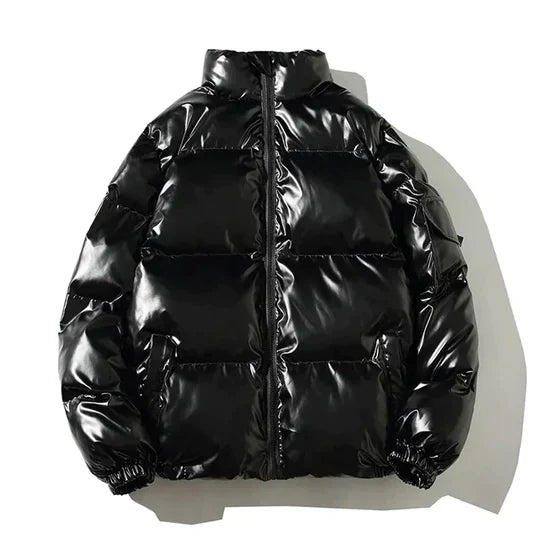Men's black windproof puffer jacket with multi-layer insulation, weatherproof rain shield winter coat