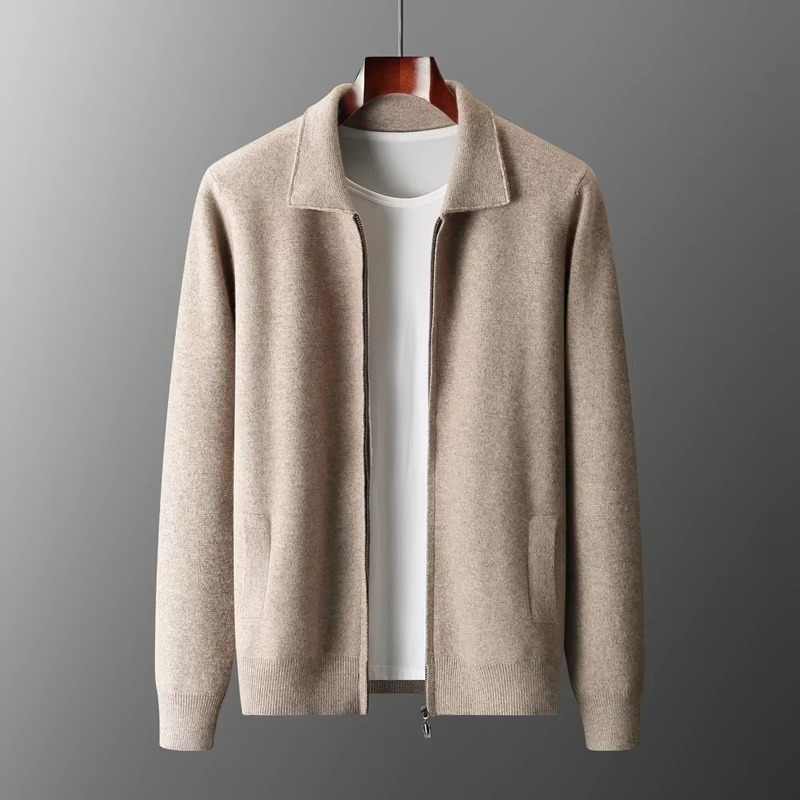 Men's charcoal wool cardigan sweater classic knit tailored lapel timeless layering piece