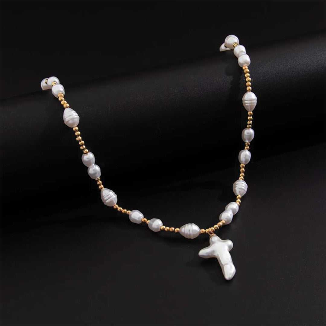 Pearl cross choker necklace for women, gold or silver finish with elegant CCB bead frame at collarbone