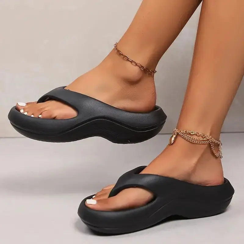 Beige platform flip flops with ultra-thick cushioned sole and cloud-soft arch support for long walks