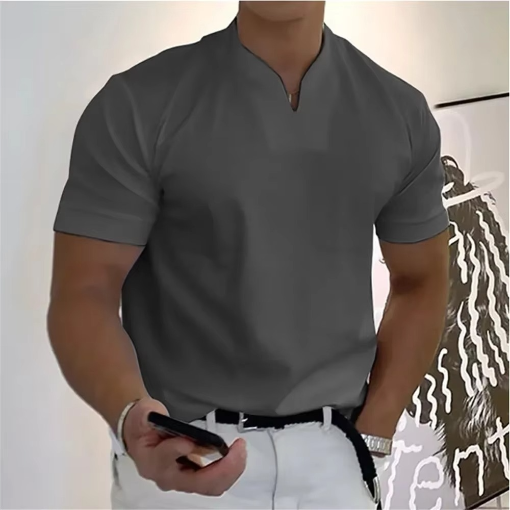 Men's white V-neck athletic cotton tee casual loose fit breathable short sleeve summer shirt