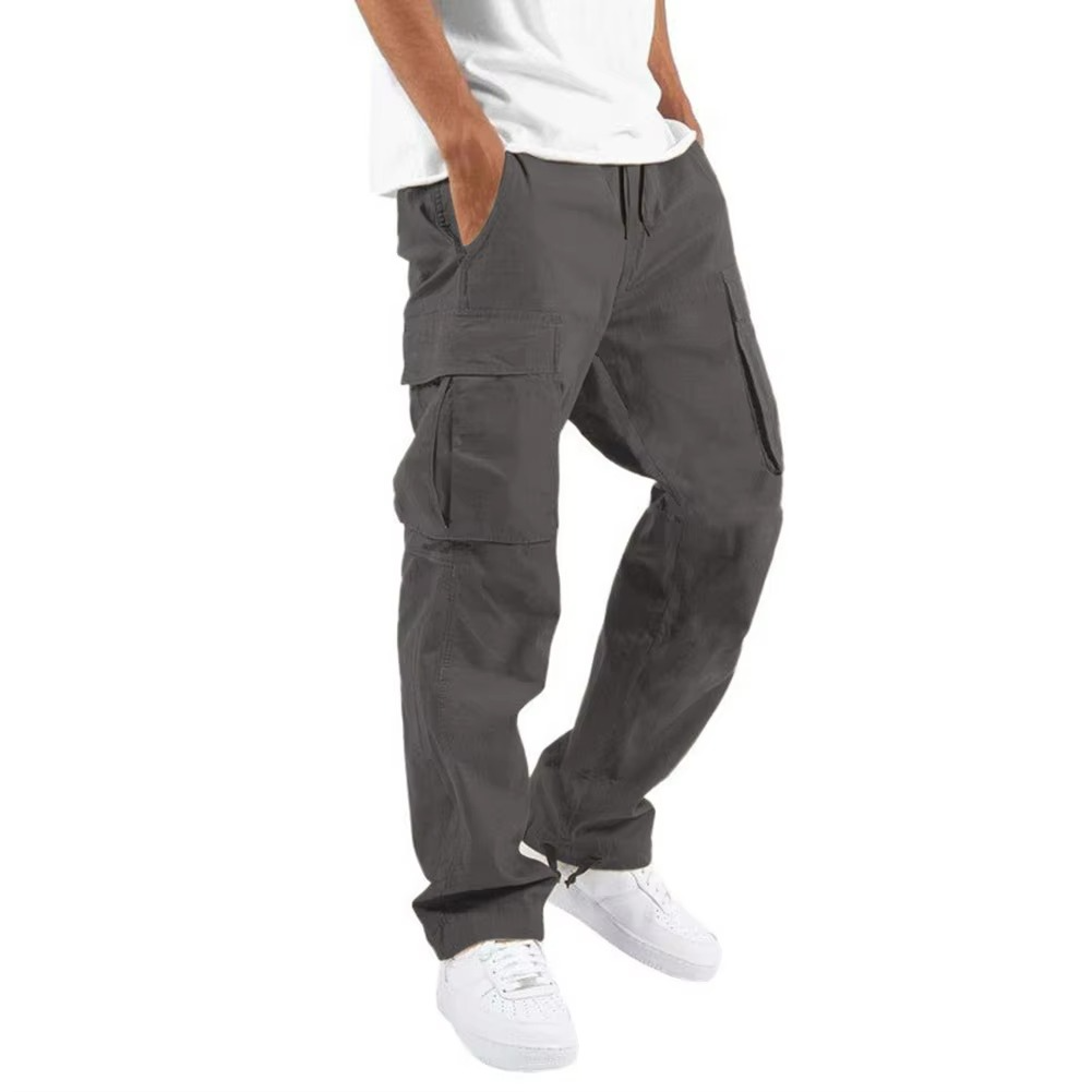Men's solid cargo pants with adjustable drawstring waist and rugged multi-pocket design for everyday wear