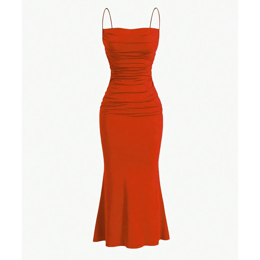 Anna draped maxi dress stretch fabric ruched bodice soft neckline slim flared silhouette women