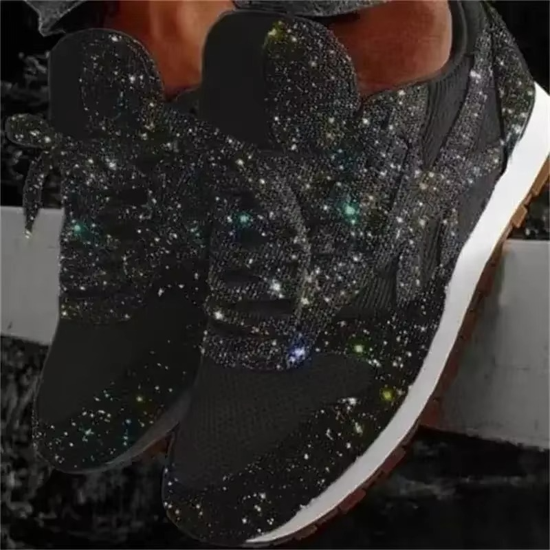 Women's glitter mesh platform sneakers, lightweight lace-up style with sparkle accents for everyday wear