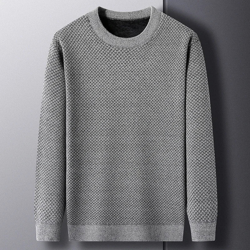 Men's textured wool crewneck sweater cozy knit with distinctive woven pattern for casual style