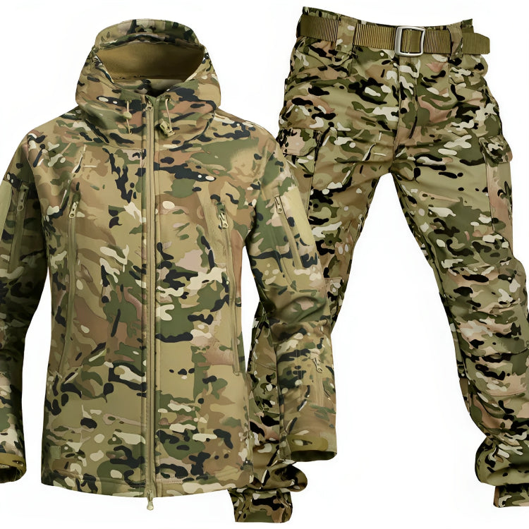 Men's tactical windbreaker and pants set weather-resistant outdoor outfit with multiple pockets