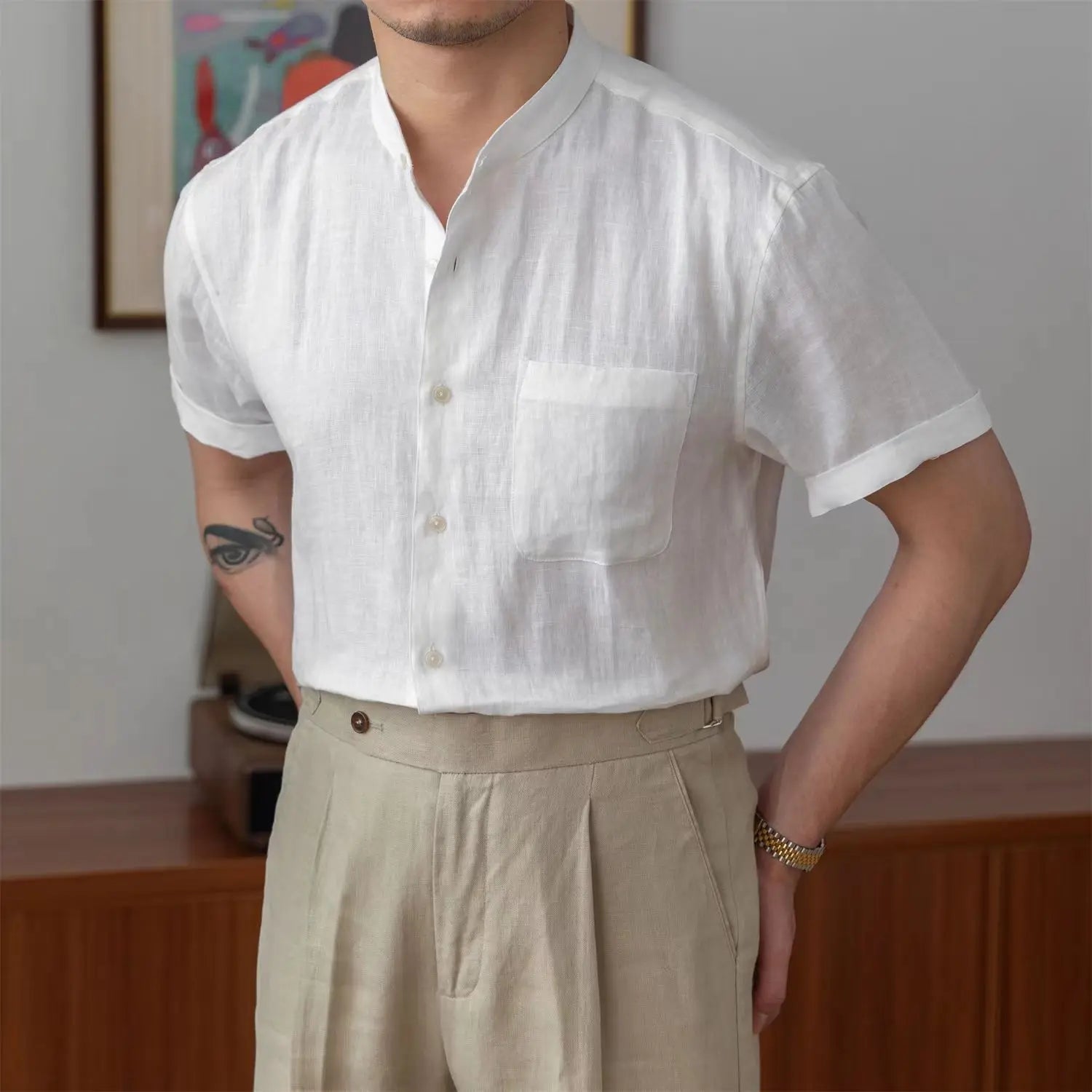 Men's white linen shirt relaxed fit Mandarin collar long sleeve breathable natural fabric