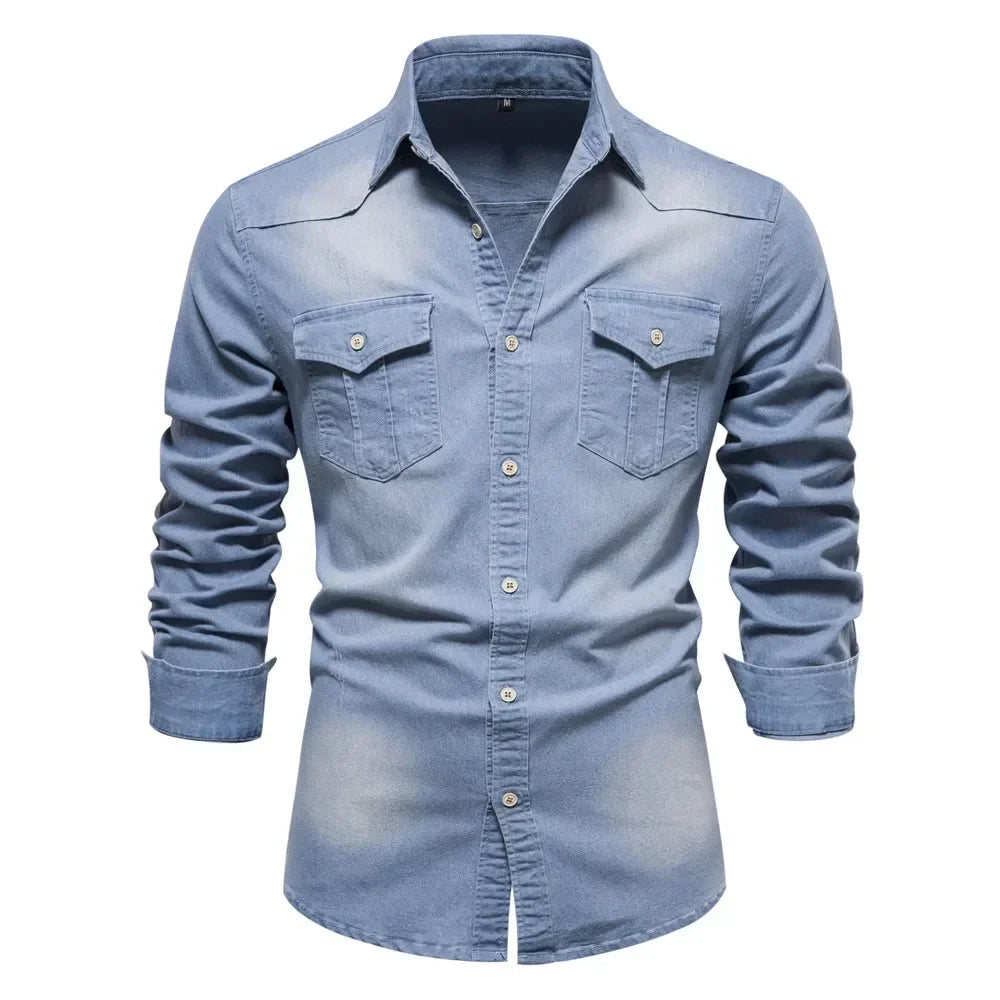 Hunter men's light blue denim button-up shirt slim fit casual smart style with modern cut