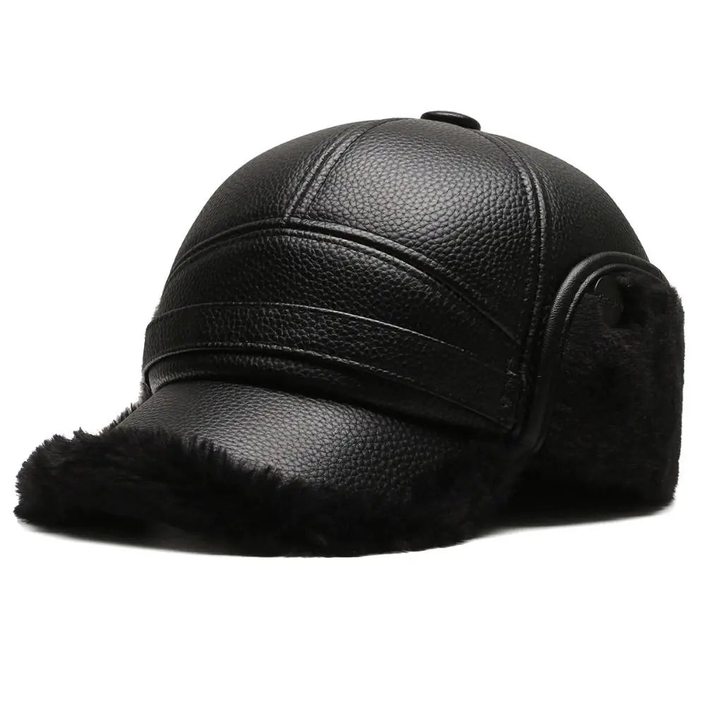 Black faux leather structured baseball cap with ear flaps and cozy fleece trim for men