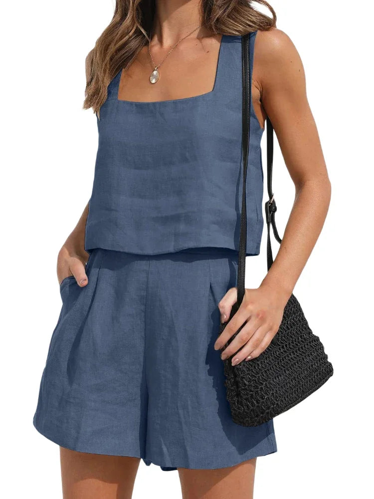 Women's beige linen summer set elegant relaxed fit breathable two-piece for warm days