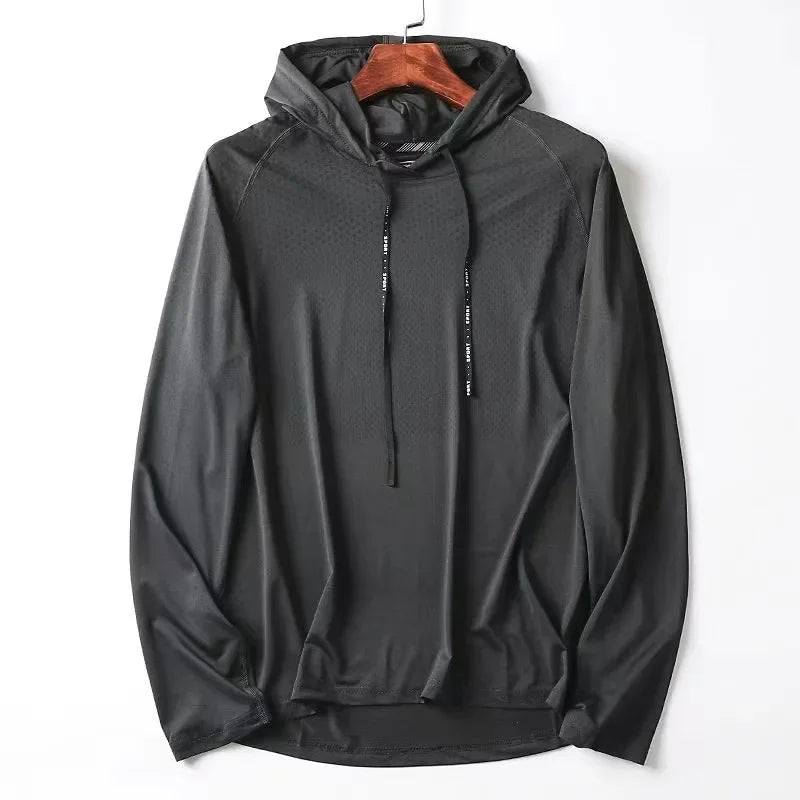 Men's gray athletic performance hoodie with seamless construction and moisture-wicking breathable fabric