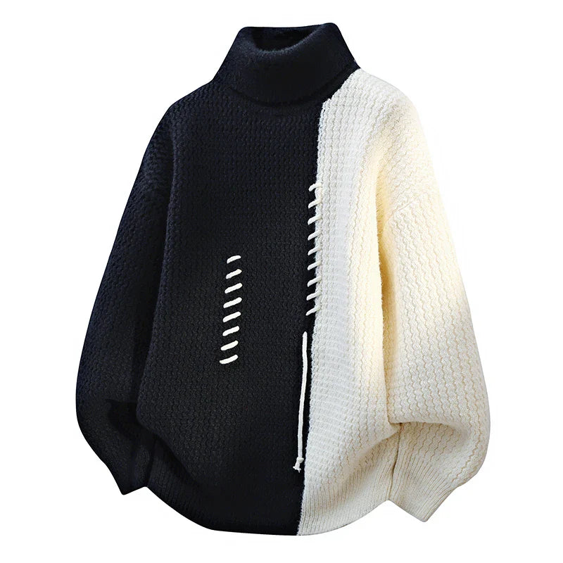 Women's black white patchwork turtleneck sweater chunky knit colorblock cozy modern style
