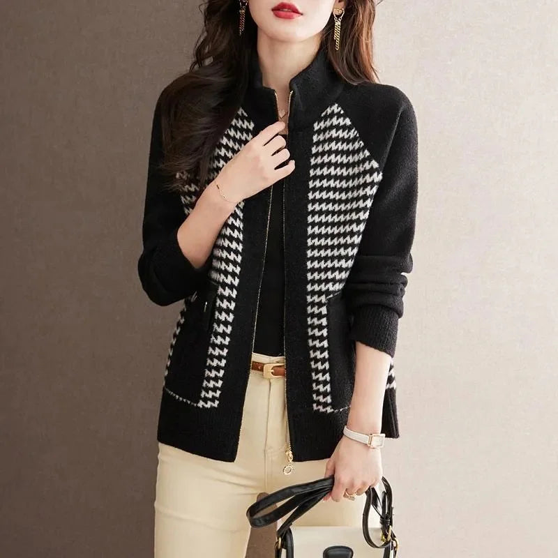 Women's zip jacket soft breathable knit houndstooth panels buttoned pockets versatile city-ready layer