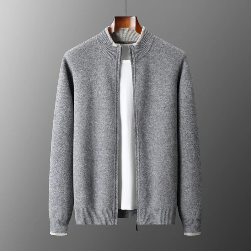 Men's Hudson light gray cashmere zip jacket lightweight wool blend with soft brushed finish and two-way zip