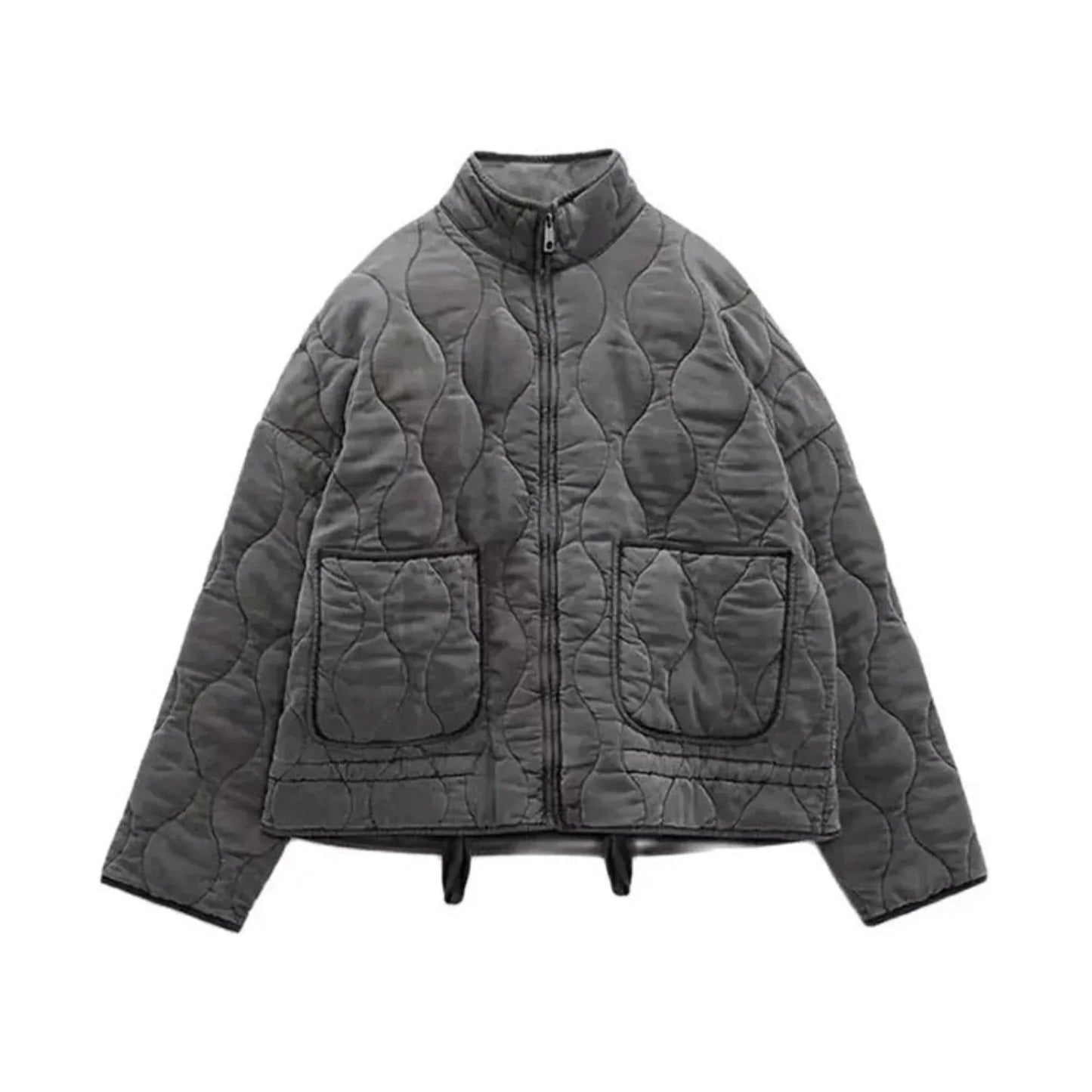 Black quilted puffer bomber jacket unisex tailored fit with zipper closure warm insulated