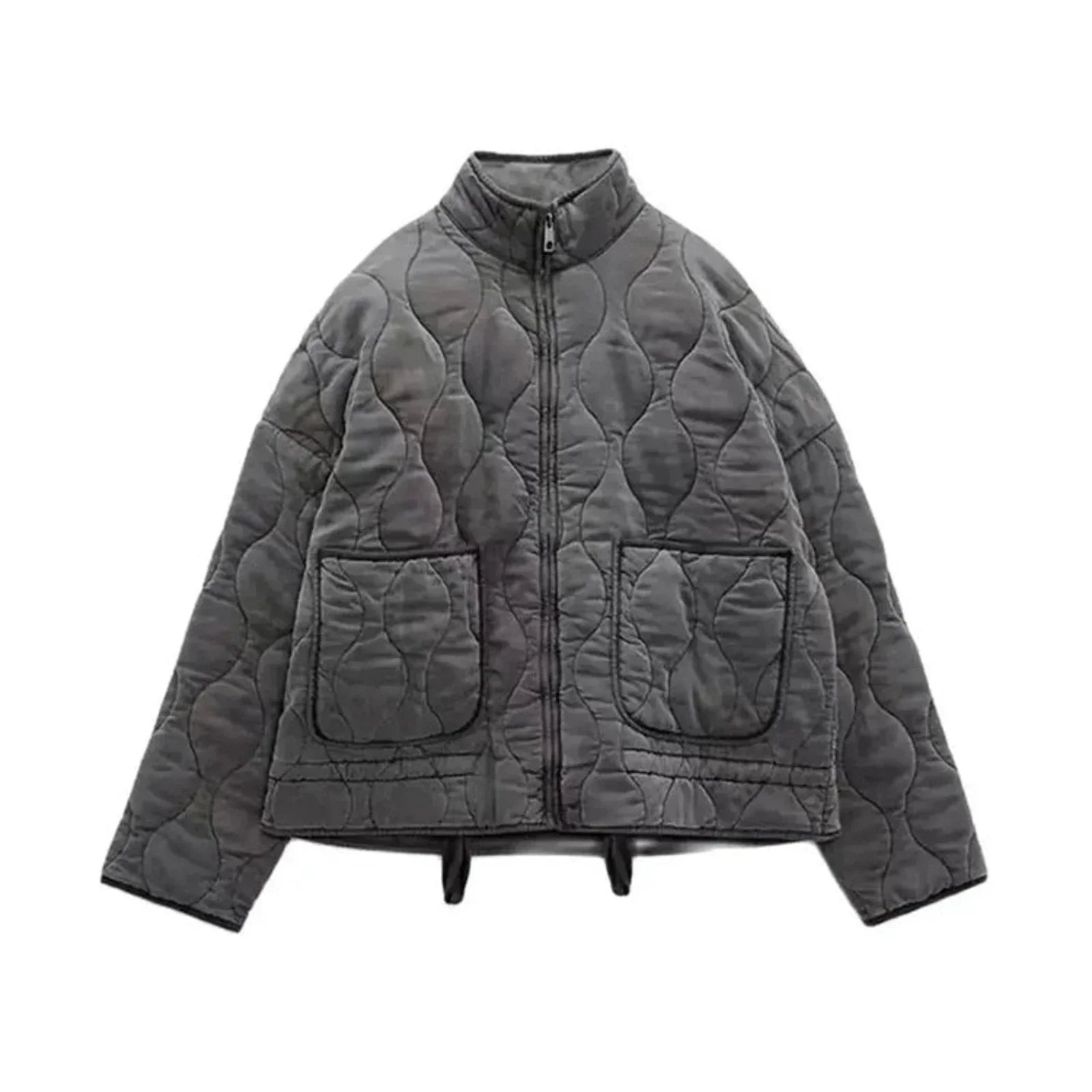 Black quilted puffer bomber jacket unisex tailored fit with zipper closure warm insulated