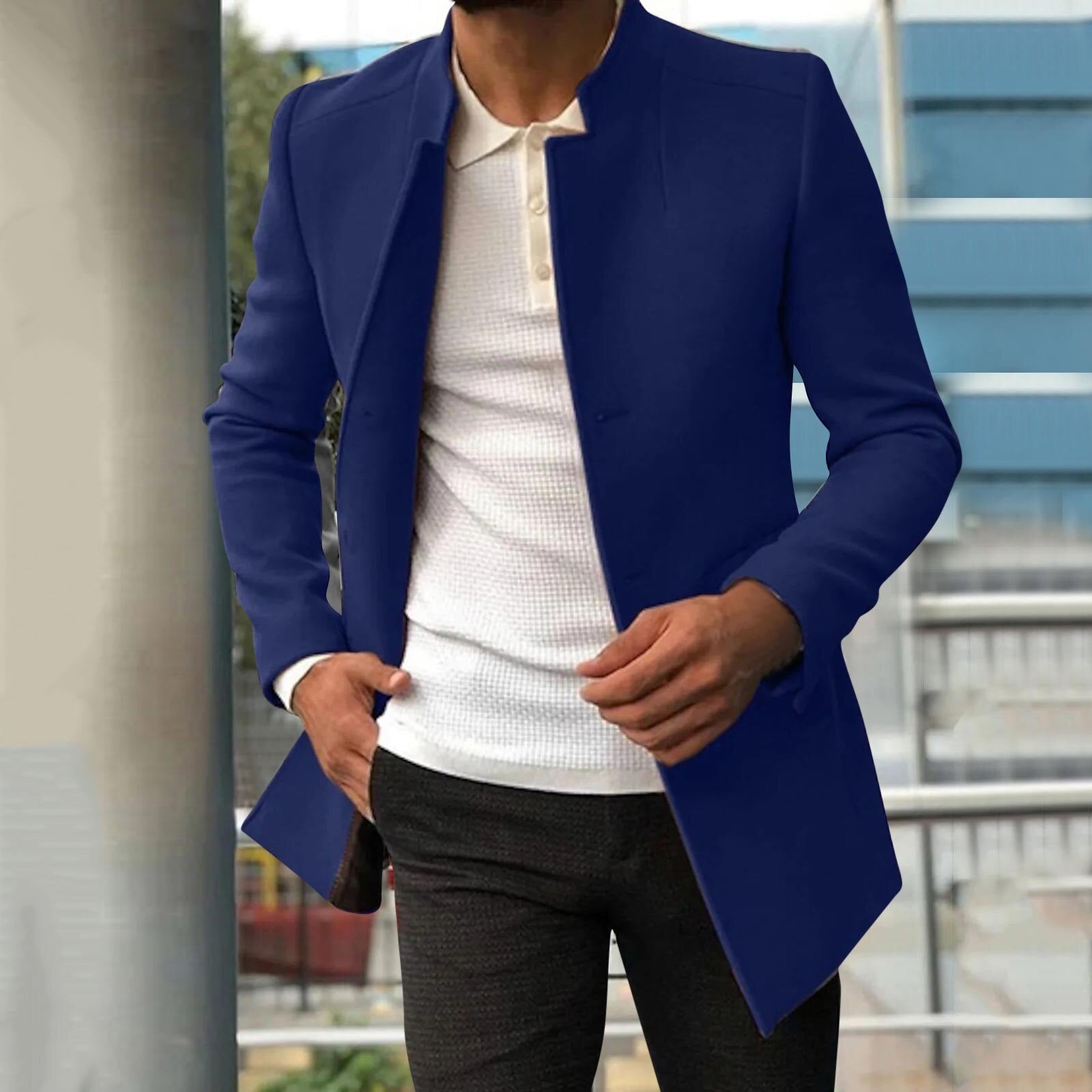 Men's slim fit long structured open front coat in smart casual style for versatile everyday daywear