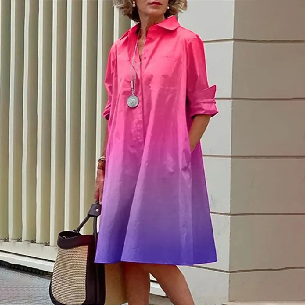 Women's navy A-line shirt dress, button-front long sleeves, knee-length elegant everyday style
