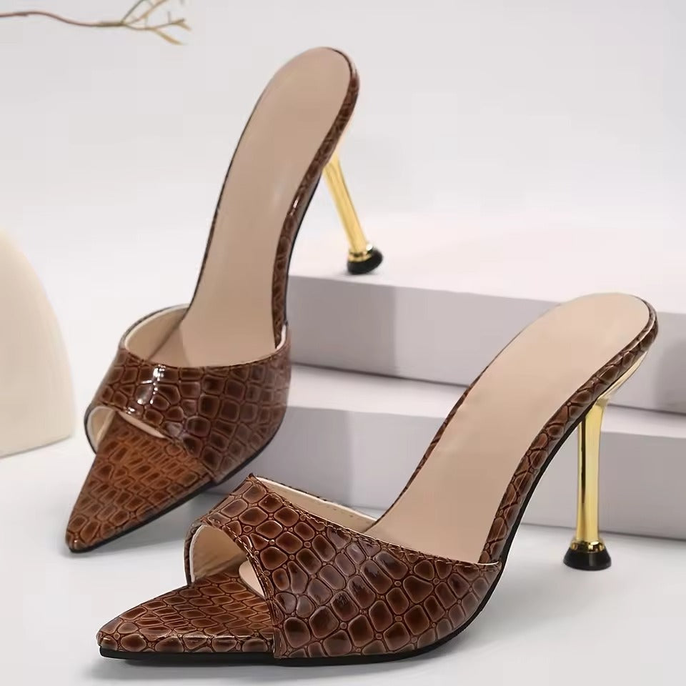 Maelys black croc-embossed vegan leather stilettos with glossy patent finish and 9cm heel