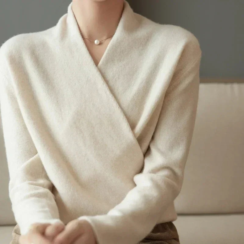 Women's cashmere wrap sweater relaxed fit V-neck crisscross front soft knit luxurious blend