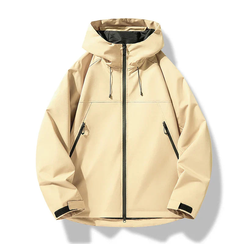 Men's slim-fit waterproof hooded ski jacket in neutral tone with windproof shell for outdoor wear