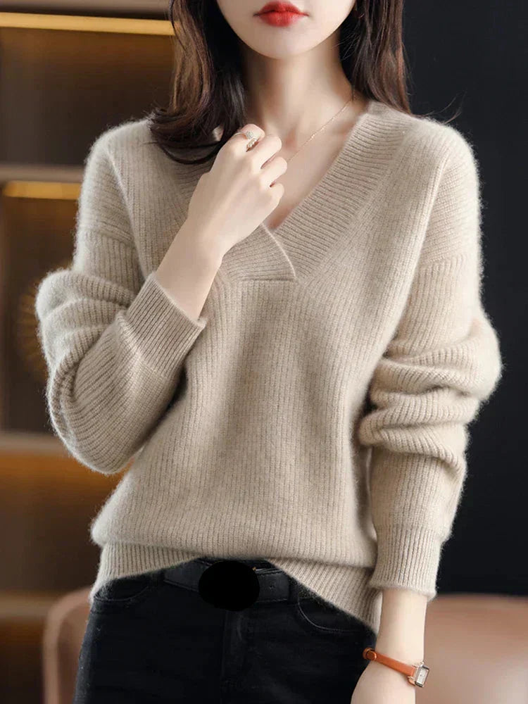 Women's soft knit v-neck pullover sweater relaxed fit with ribbed trim cozy essential