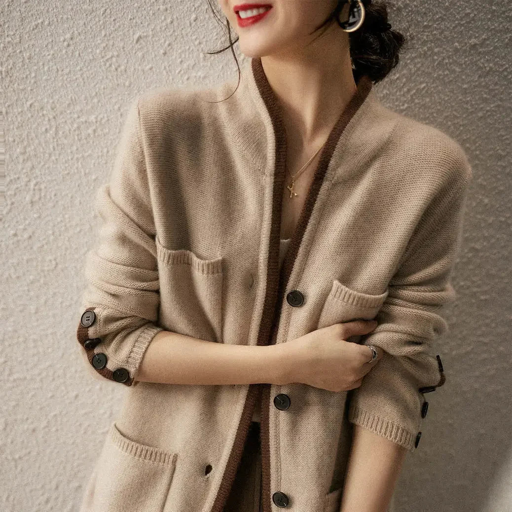 Women's ash knit button-front cardigan with elegant trim detail for refined everyday layering