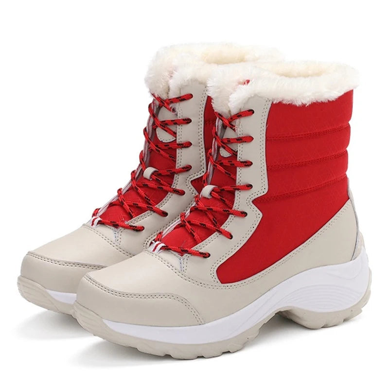 Women's mid-calf snow boots lace-up platform style faux fur lined water-resistant winter boots