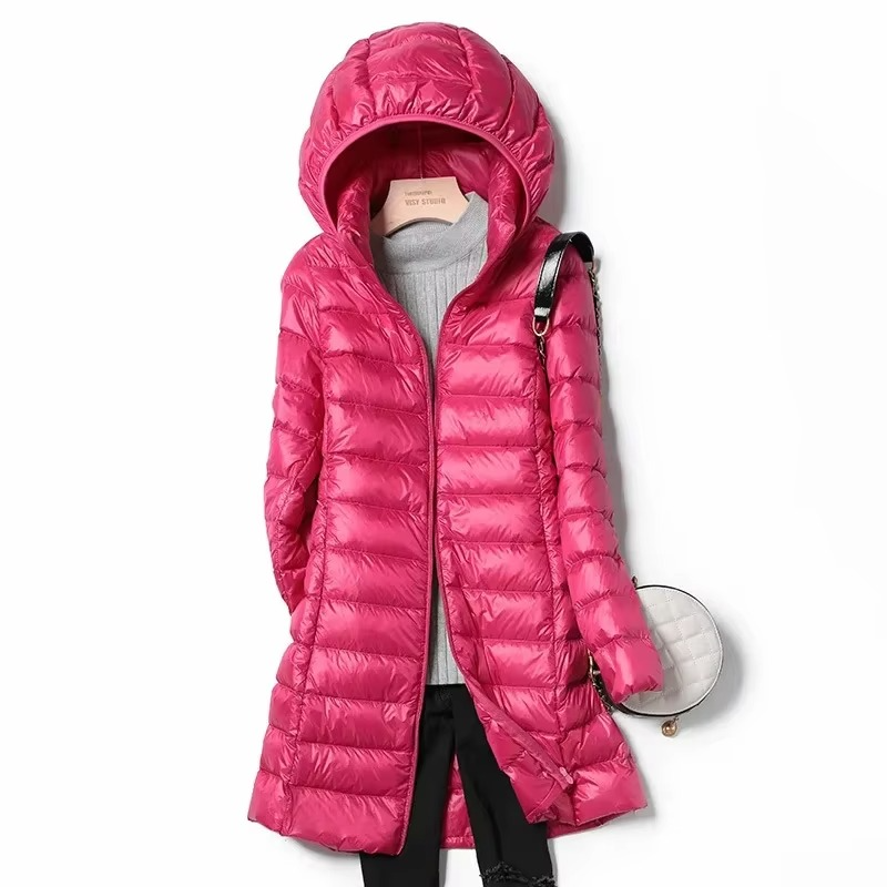 Women's slim-fit long hooded down parka, lightweight winter coat with full coverage silhouette