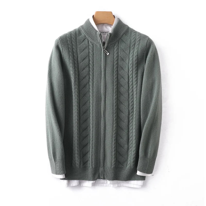 Unisex mock neck zip cashmere wool knit sweater, warm cozy layer for cold weather styling