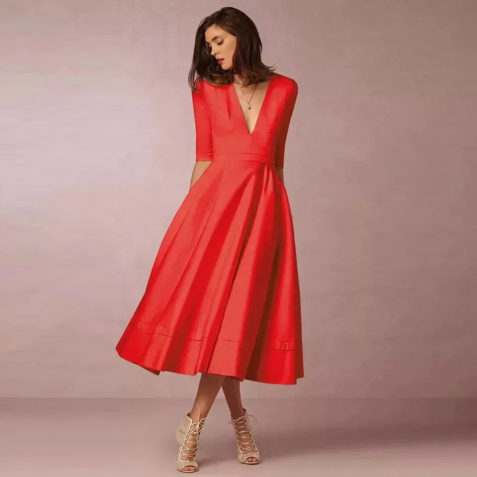 Carla Elegant A Line Midi Dress For Women With Deep V Neck And Texture