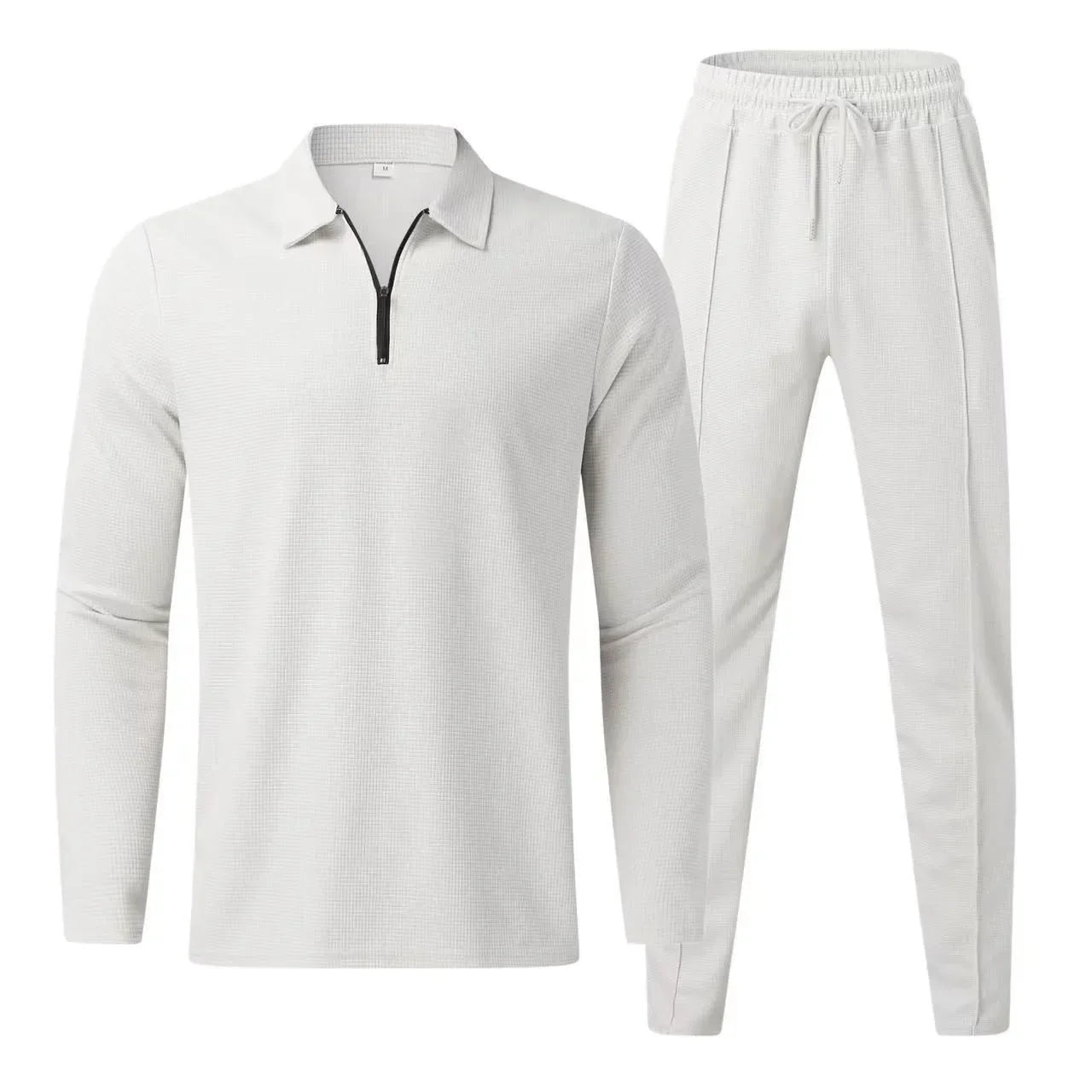 Men's waffle knit casual sport set full zip top matching pants breathable soft comfort activewear