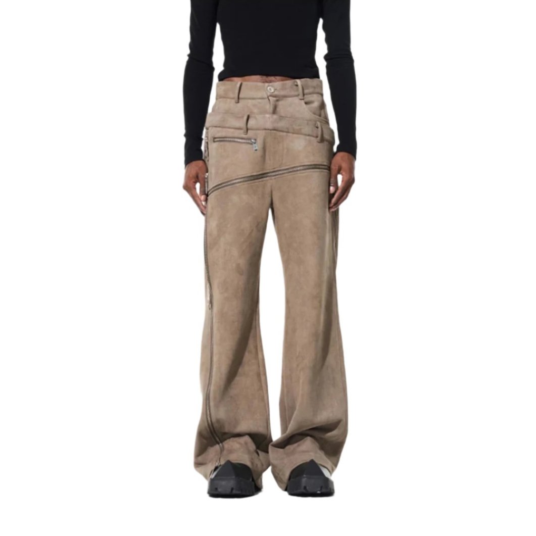 Relaxed unisex suede trouser in neutral tone with twill detail and vegan leather blend streetwear fit