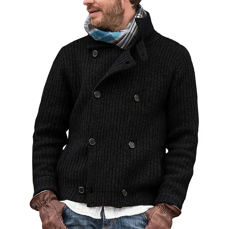 Men's dark knit double-breasted cardigan tailored fit chunky texture smart casual layering essential