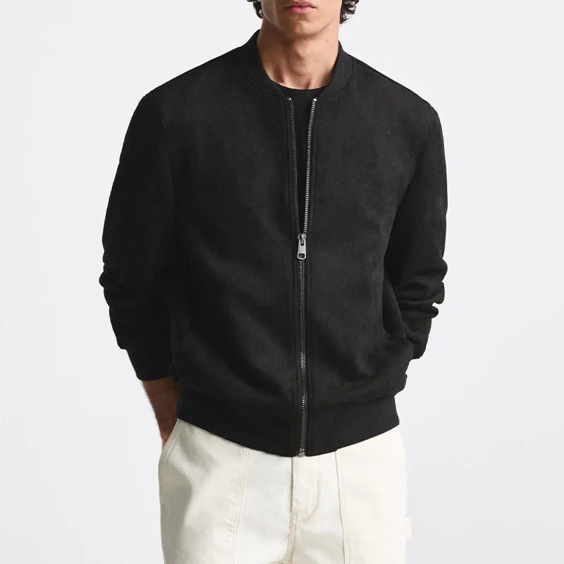 Men's dark suede bomber jacket tailored fit with soft inner lining, smart-casual style