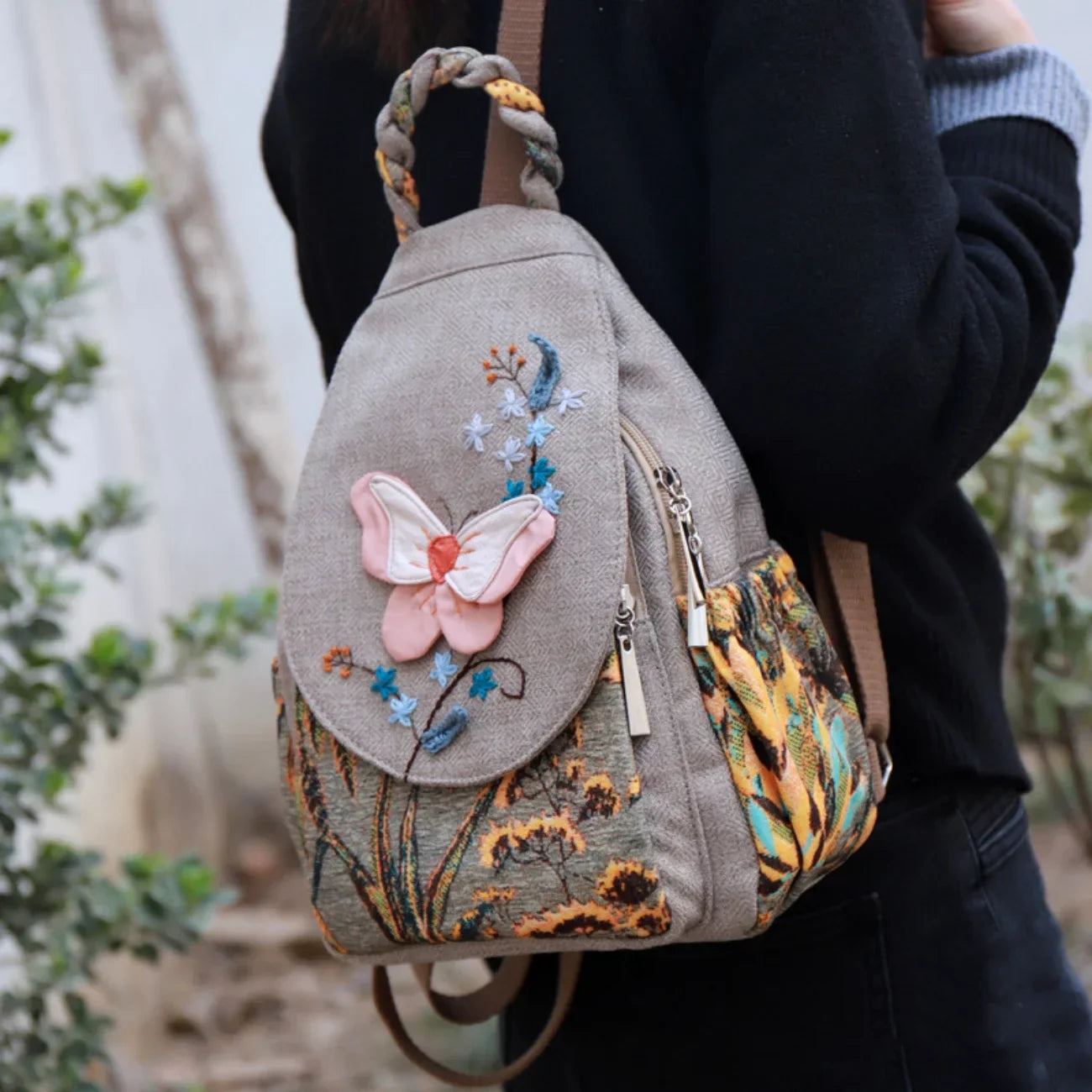 TrendAura Mariposa compact handwoven canvas bag with butterfly embroidery and multi-pocket storage