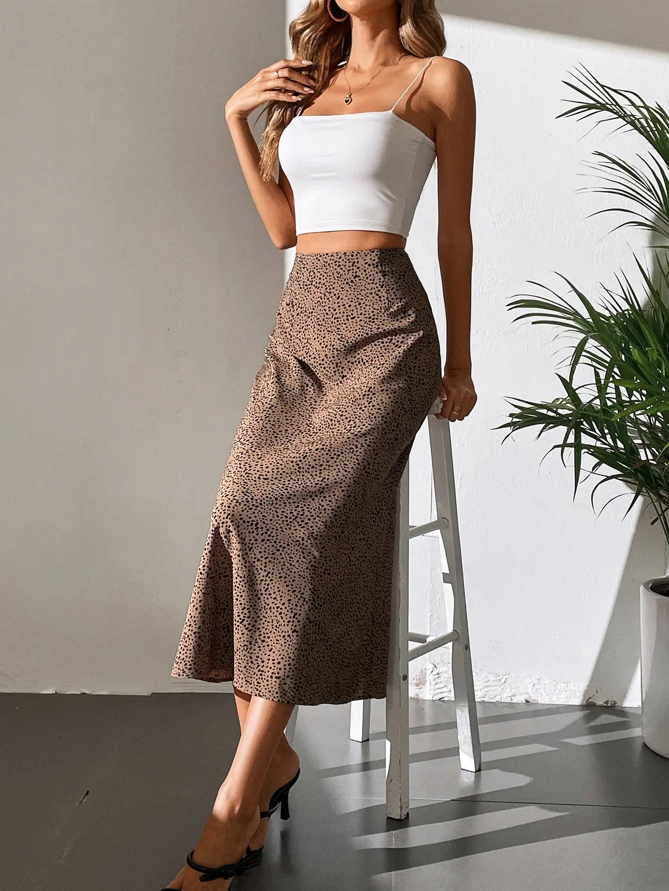 Coffee chiffon A-line skirt high waist lightweight fluid drape versatile work-to-evening style