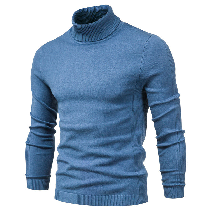 Men's warm high neck knit sweater in classic neutral tone, cozy ribbed collar layering essential