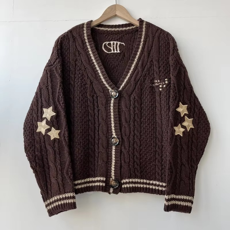Women's autumn red maple leaf embroidered midweight knit cardigan with cozy seasonal charm