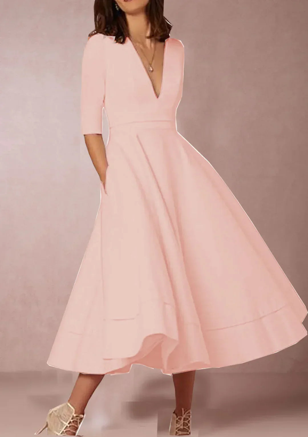 Carla Elegant A Line Midi Dress For Women With Deep V Neck And Texture