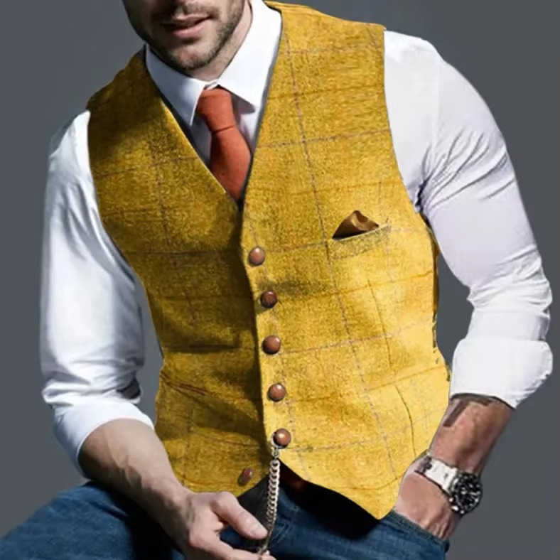 Men's gray tweed striped waistcoat slim-fit formal vest with heritage texture for business or wedding